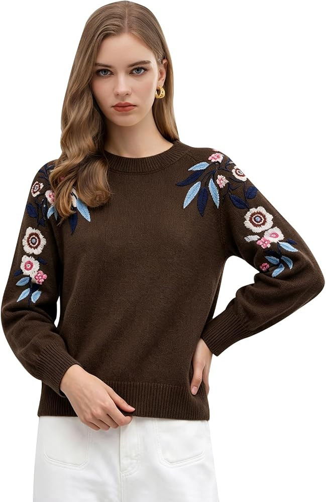 CHICWISH Women Floral Embroidery Crew Neck Knit Sweater | Amazon (US)