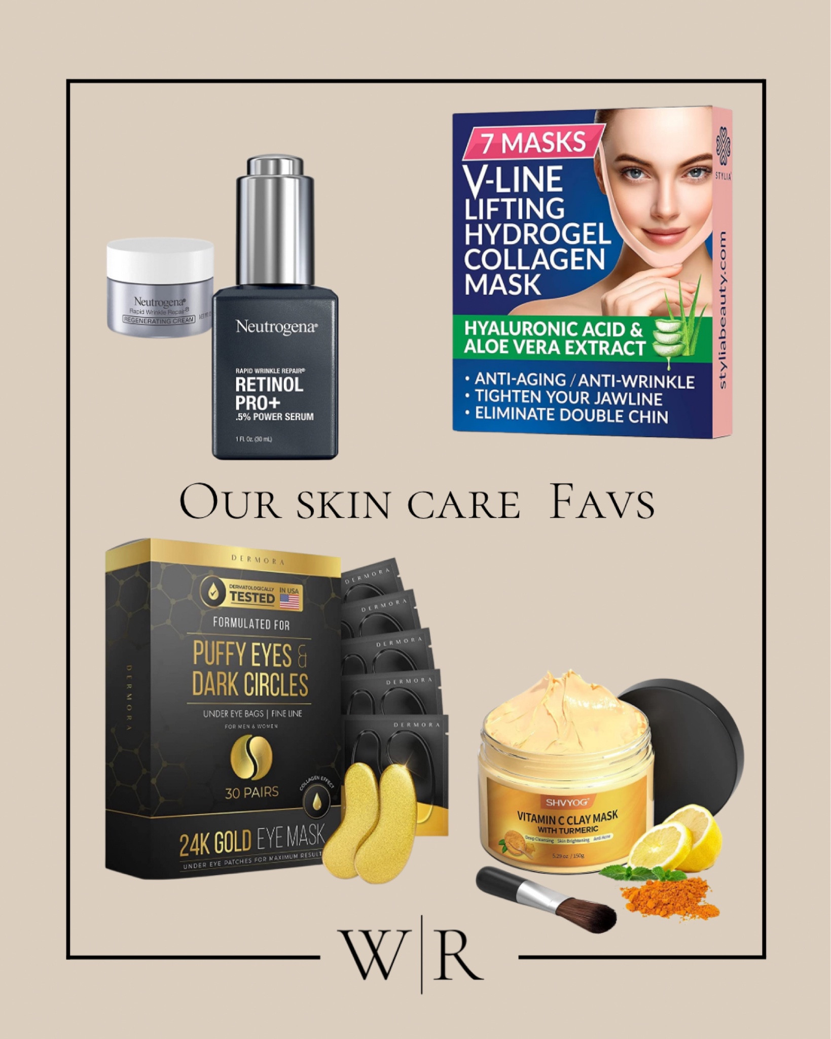 Our skin care favs. V line. Lifting Hydro gel collagen mask. 20 4K gold under eye patches. Neutrogena, rapid wrinkle repair retinol pro+. Vitamin C and turmeric mask.

#LTKhome #LTKsalealert #LTKbeauty