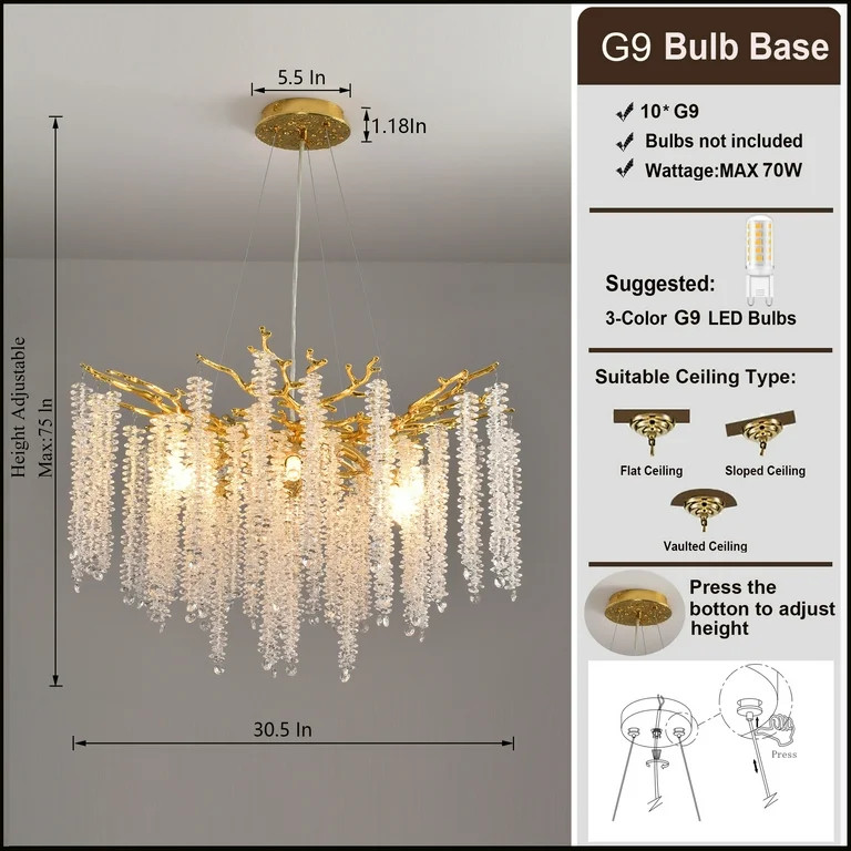 ULPEMTL Modern Crystal Tree Branch Chandeliers Gold for Dining Room Bedroom Room 30.5 inch Ceilin... | Walmart (US)