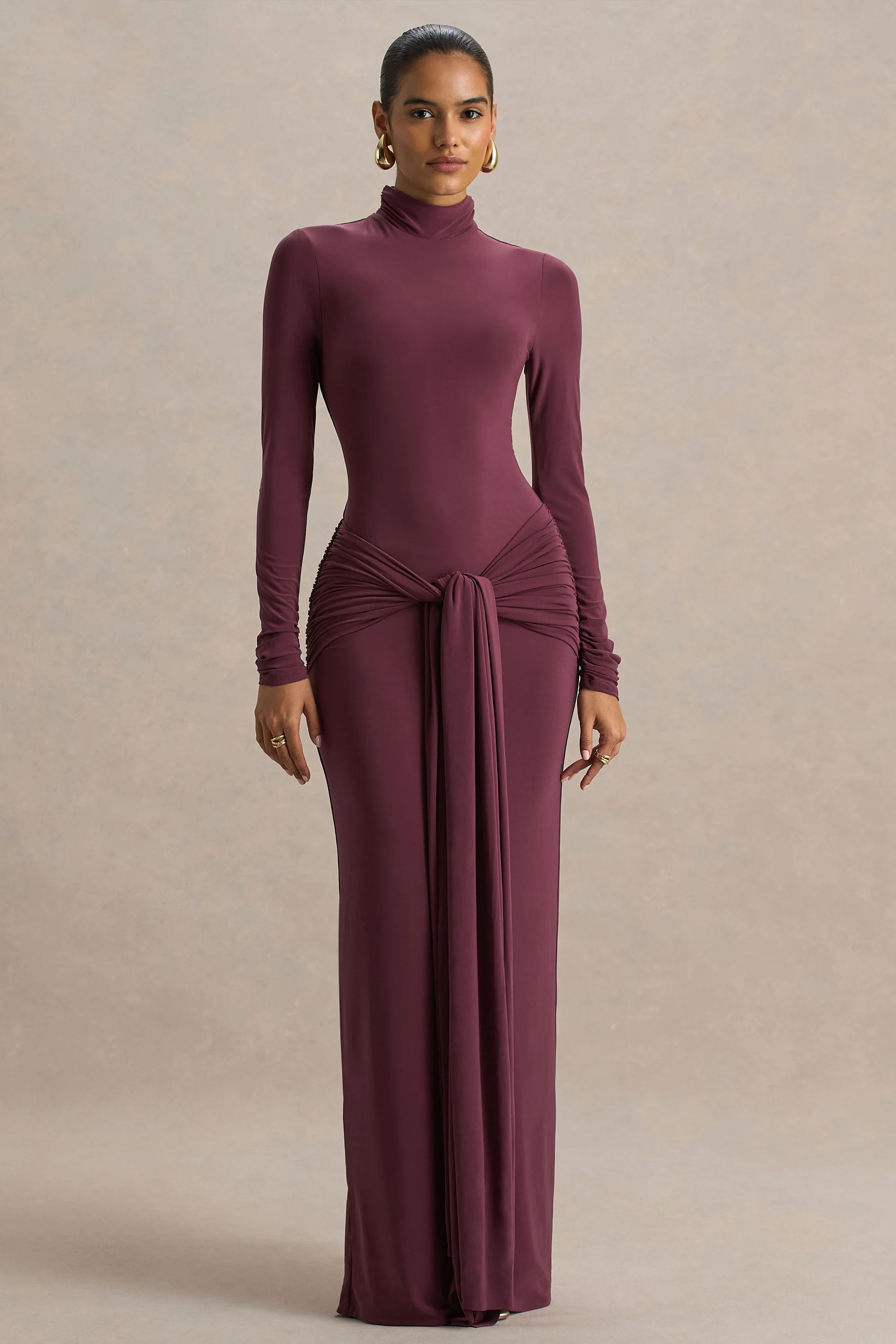 Myra | Burgundy High-Neck Maxi Dress With Sash and Ruched Detailing | Club L London