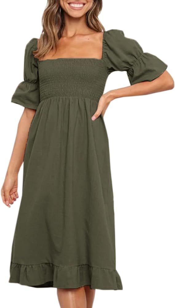 Angashion Women Square Neck Dress Solid Short Puff Sleeve Smocked Waist Knee Length Ruffle Summer Mi | Amazon (US)