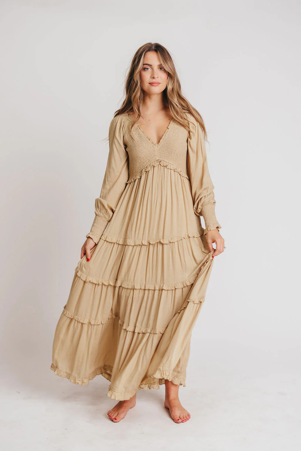 Pippa Long-Sleeved Smocked Maxi Dress in Taupe - Bump Friendly | Worth Collective