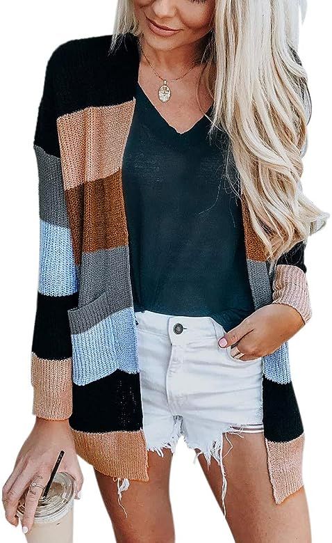 Womens Long Sleeve Casual Striped Cardigan Color Block Knit Open Front Sweater Coat | Amazon (US)