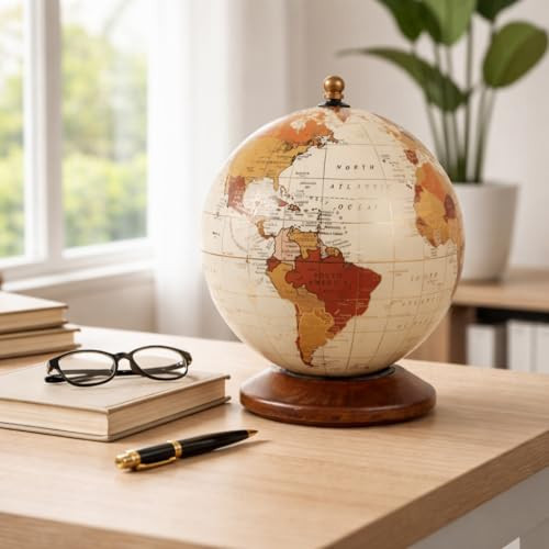 Decorative Wood Globe for Home Decor - Desktop Globe with Wood Base for Office or Living Room Decor - Transitional Ornament Accent for Shelf or Coffee Table Styling - 10", Bronze & White | Amazon (US)