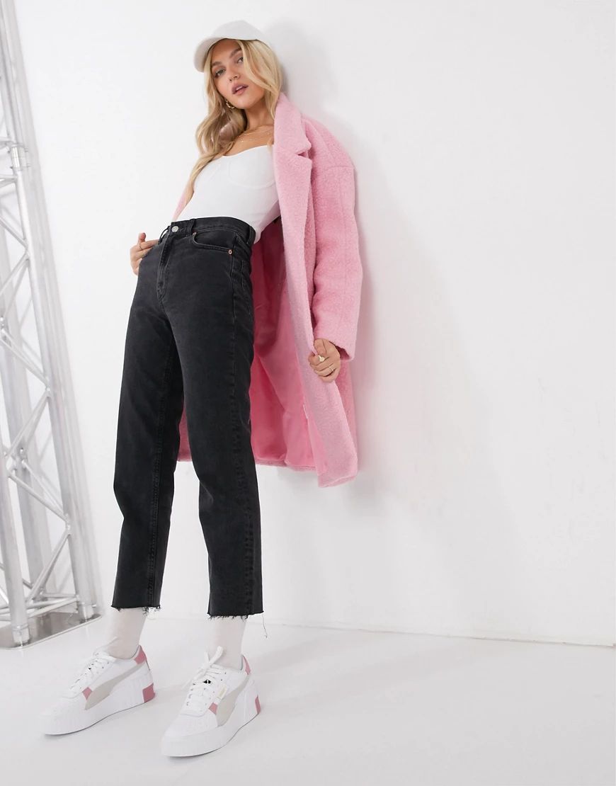 Liquorish fluffy straight coat in pink | ASOS (Global)