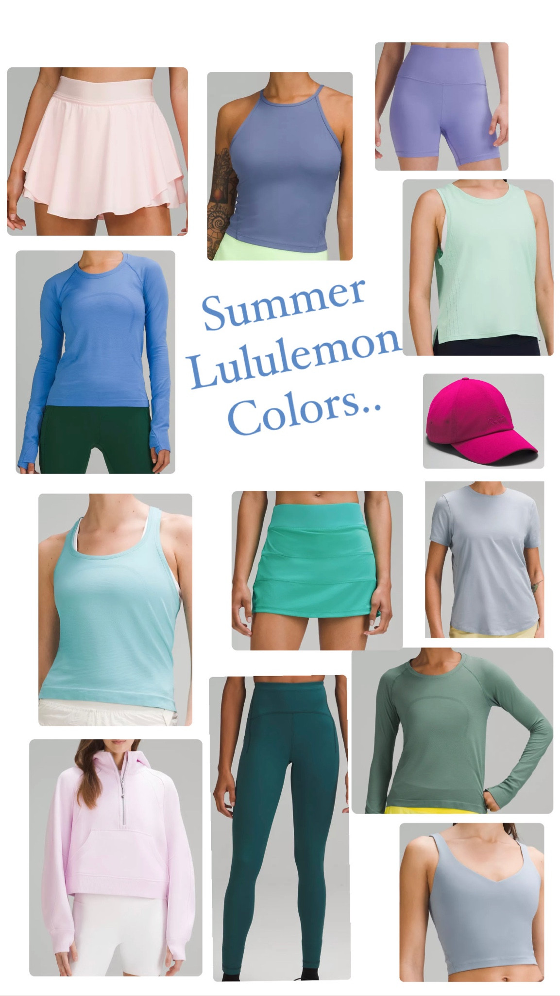 #HOCsummer colors at #Lululemon

Meadowsweet pink
Tidal teal
Tidewater teal
Dark lavender 
Kelly green
Chambray
Pastel blue
Wild berry
Blue Nile
Wild mint
Water drop
Strawberry milkshake
Green Jasper 

#LTKunder100 #LTKsalealert #LTKfit