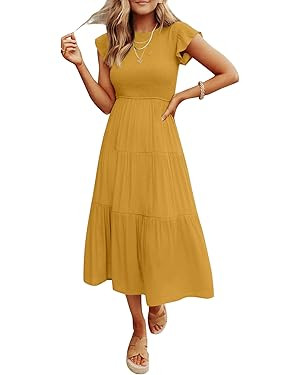 ZESICA Women's 2023 Summer Casual Flutter Short Sleeve Crew Neck Smocked Elastic Waist Tiered Mid... | Amazon (US)