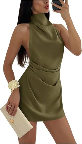 RoseSeek Women's Halter Mini Dress Ruched Tie Neck Sleeveless Elegant Dresses Summer Outfits | Amazon (US)