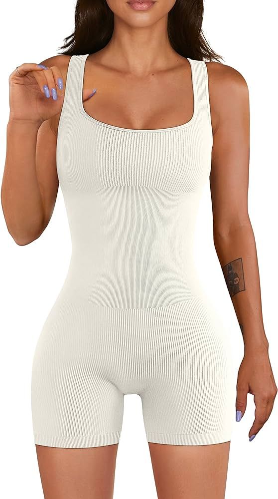 Women Yoga Romper Workout Ribbed Square Neck One Piece Seamless Tank Top Jumpsuit | Amazon (US)