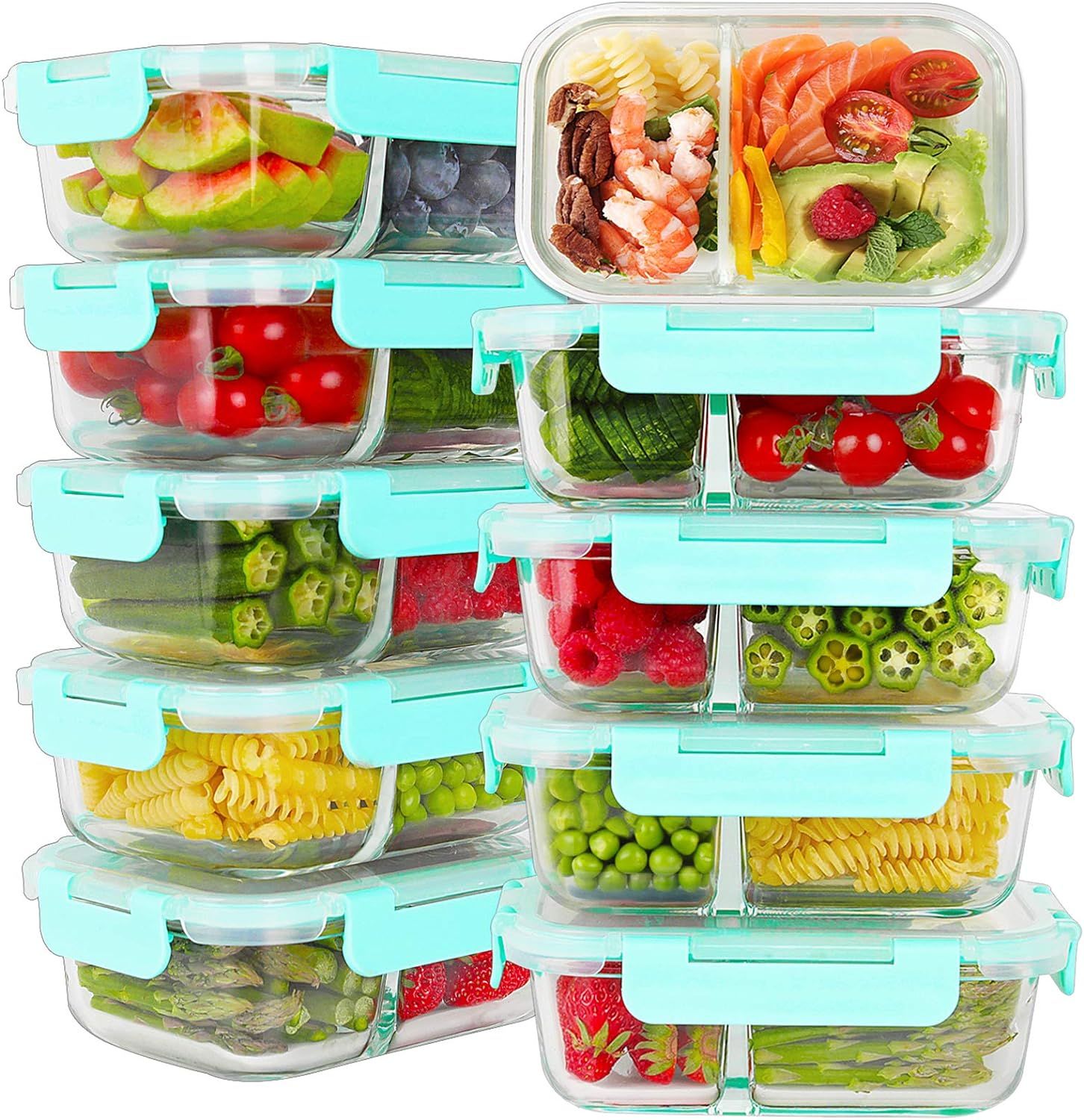 Bayco 10 Pack Glass Meal Prep Containers 2 Compartment, Glass Food Storage Containers with Lids, ... | Amazon (US)