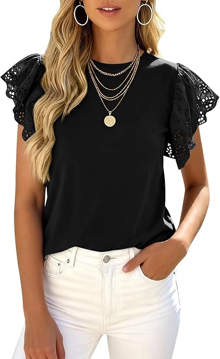 PRETTYGARDEN Womens Tops Dressy Casual Hollow Out Short Sleeve Summer Basic Tees 2026 Crewneck T ... | Amazon (US)