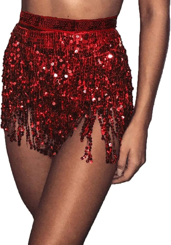 Bufenia Women's Belly Dance Hip Skirt Tassel Sequins Hip Scarf Strappy Wrap Rave Skirts Halloween... | Amazon (US)