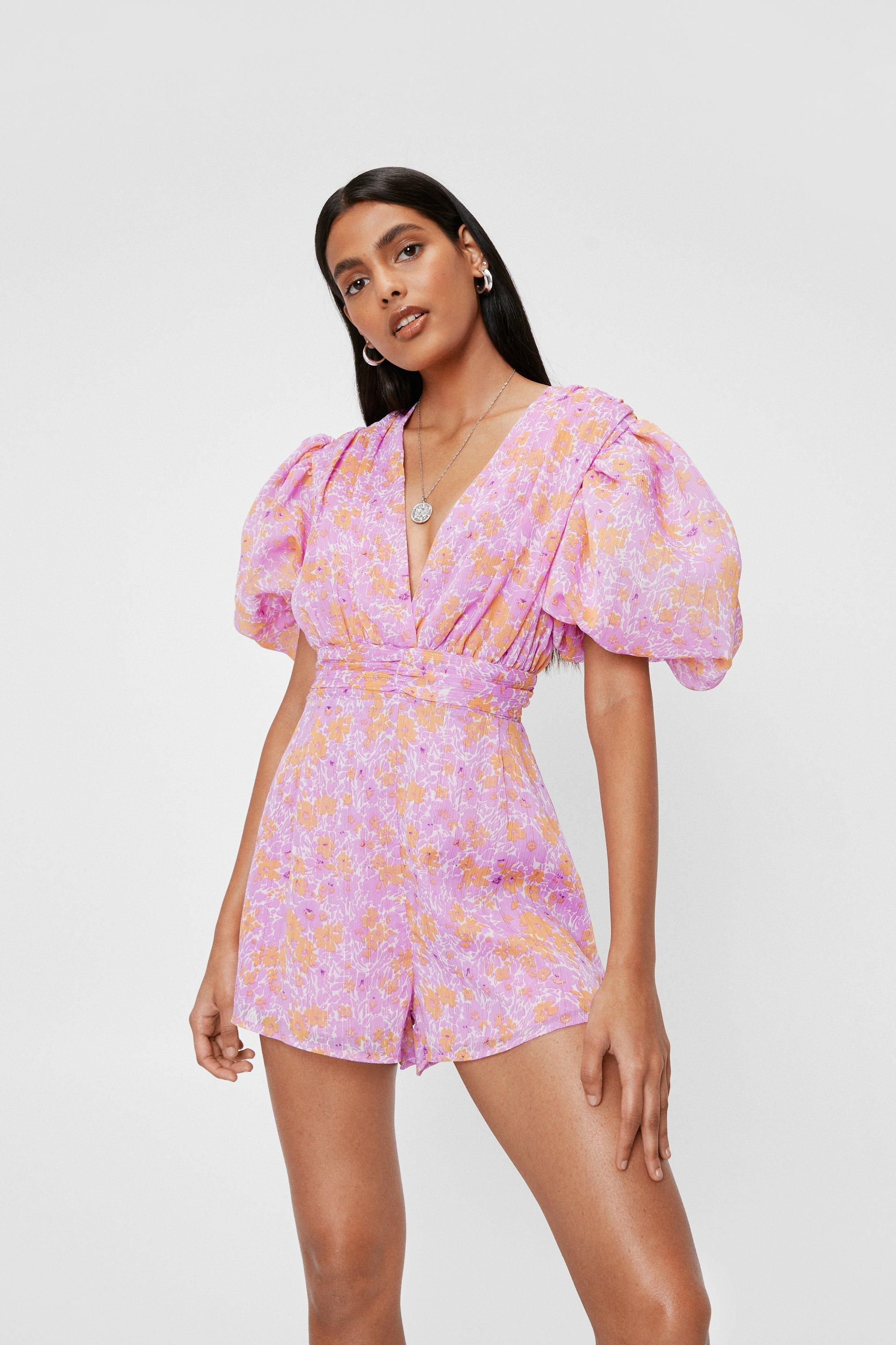 Floral Puff Sleeve V Neck Romper | Nasty Gal (US)