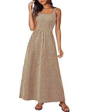 PRETTYGARDEN Women's Summer Spaghetti Strap Maxi Dresses Plaid Square Neck A Line Smocked Casual ... | Amazon (CA)