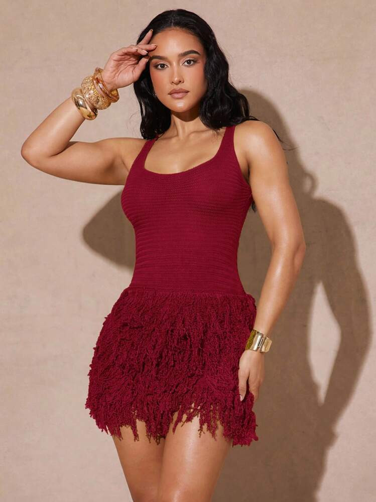 Silquee Women's Sleeveless Fitted Knit Dress With Fringe Hem Fringe Dress Tassel Dress Burgundy Dress Burgundy Fringe Dress | SHEIN