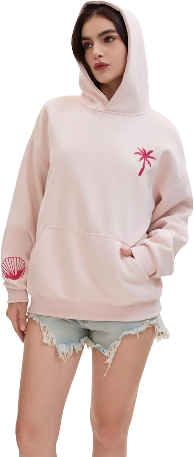 Pink Palm Puff Hoodie Teen Girls Cute Hoodie Hibiscus Flower Embroidery Pattern Pullover | Amazon (US)