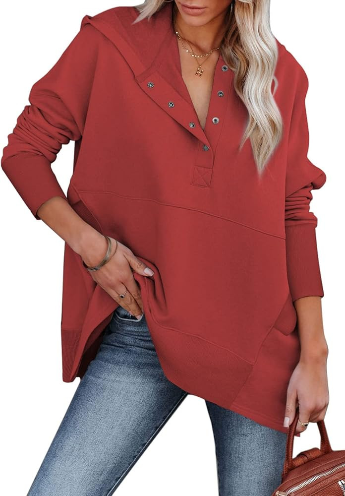 AlvaQ Women Casual Button V Neck Hoodies Oversized Pullover Sweatshirt Hooded Tops with Pockets | Amazon (US)