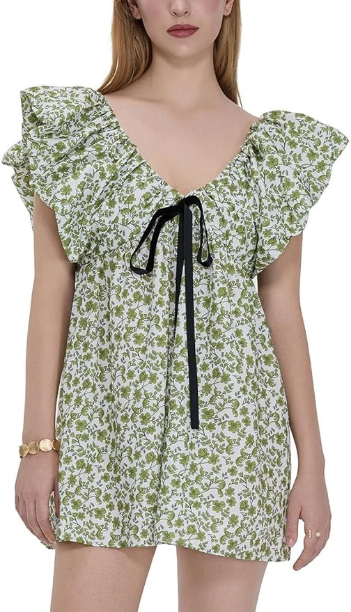 Women Y2k Floral Print Mini Dress Boho V Neck Puff Sleeve Short Dress Bow Tie Flowy Dress Beach S... | Amazon (US)