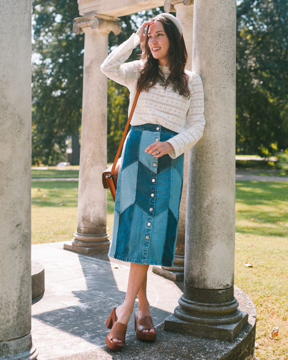 Fall style with Sezane 🇫🇷 🍂 

Sezane white lace top, patchwork denim skirt, denim midi skirt, jean skirt, lace blouse, brown heels, bernardo heels, Anthropologie shoes, Patricia Nash leather bag 

Fall outfits, fall family pictures outfits, fall photo outfits 

#LTKSeasonal #LTKtravel #LTKstyletip