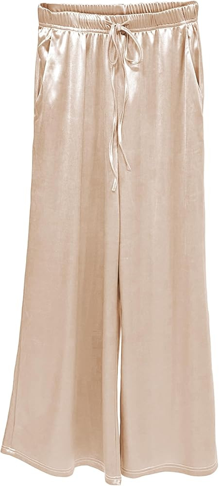 Women's Silk Wide Leg Pants, Loose Comfortable Straight Leg Casual Trousers, High Waist Elastic W... | Amazon (US)