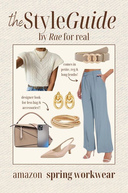 Amazon workwear outfit for spring time! Perfect transitional outfit to wear for an elevated day, date, or office look.
Sleeveless sweater, trouser pants, colored trousers, blue trousers, kitten heels, look for less designer bag, simple accessories for office. 

#LTKfindsunder50 #LTKworkwear #LTKSeasonal