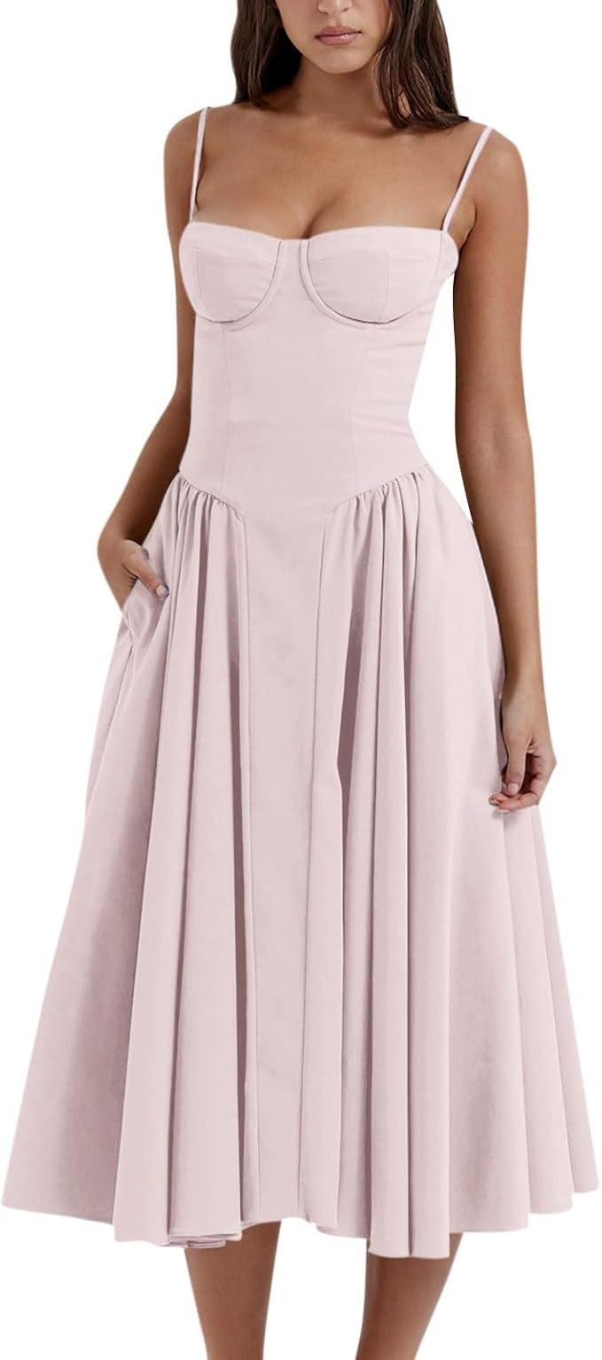 Womens Corset Dress Elegant Spaghetti Strap Bustier Midi Dress Low Cut Flowy Pleated Hem Formal D... | Amazon (US)