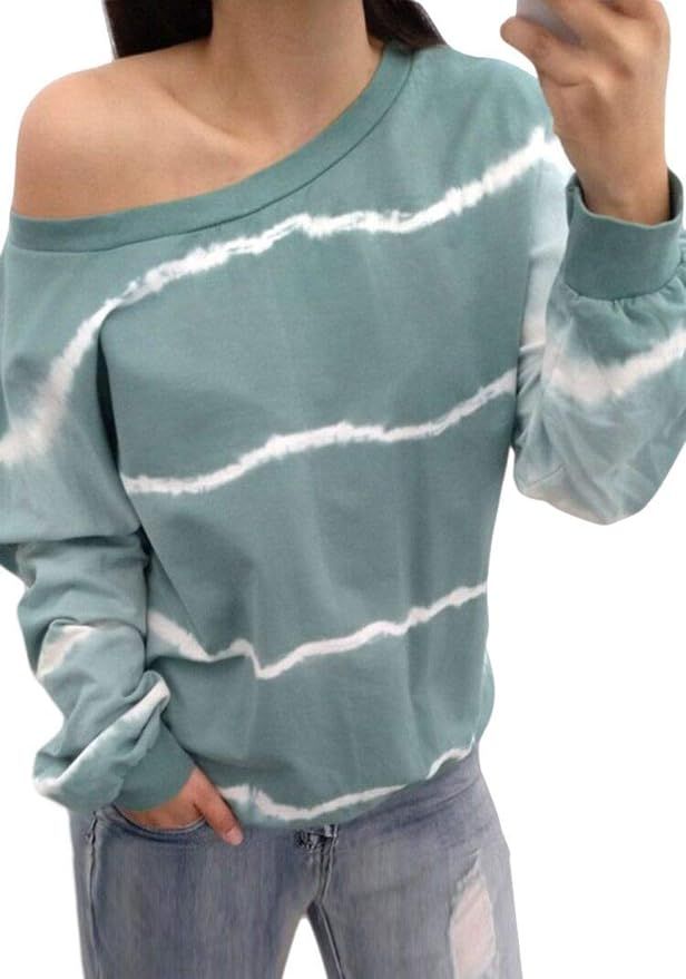 KIRUNDO 2019 Women’s Off Shoulder Sweatshirt- Long Sleeves Striped Print Tie Dye Pullover Overs... | Amazon (US)