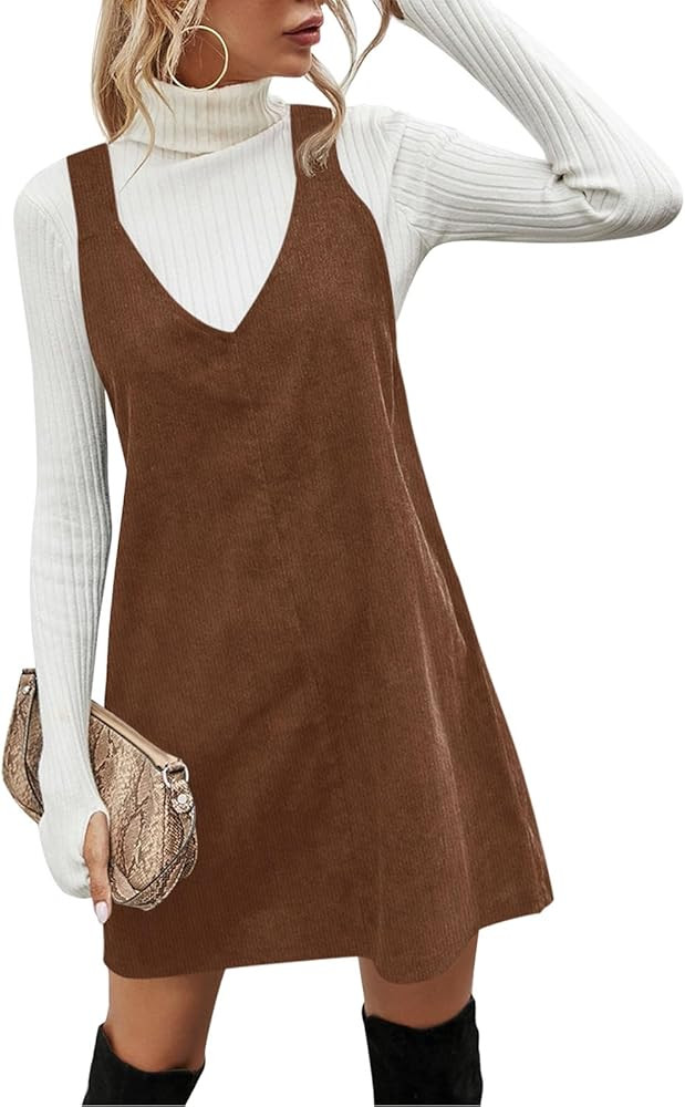 Wenrine Women V Neck Corduroy Overall Dress Casual Loose Short Pinafore Dresses Fall Mini Jumper ... | Amazon (US)