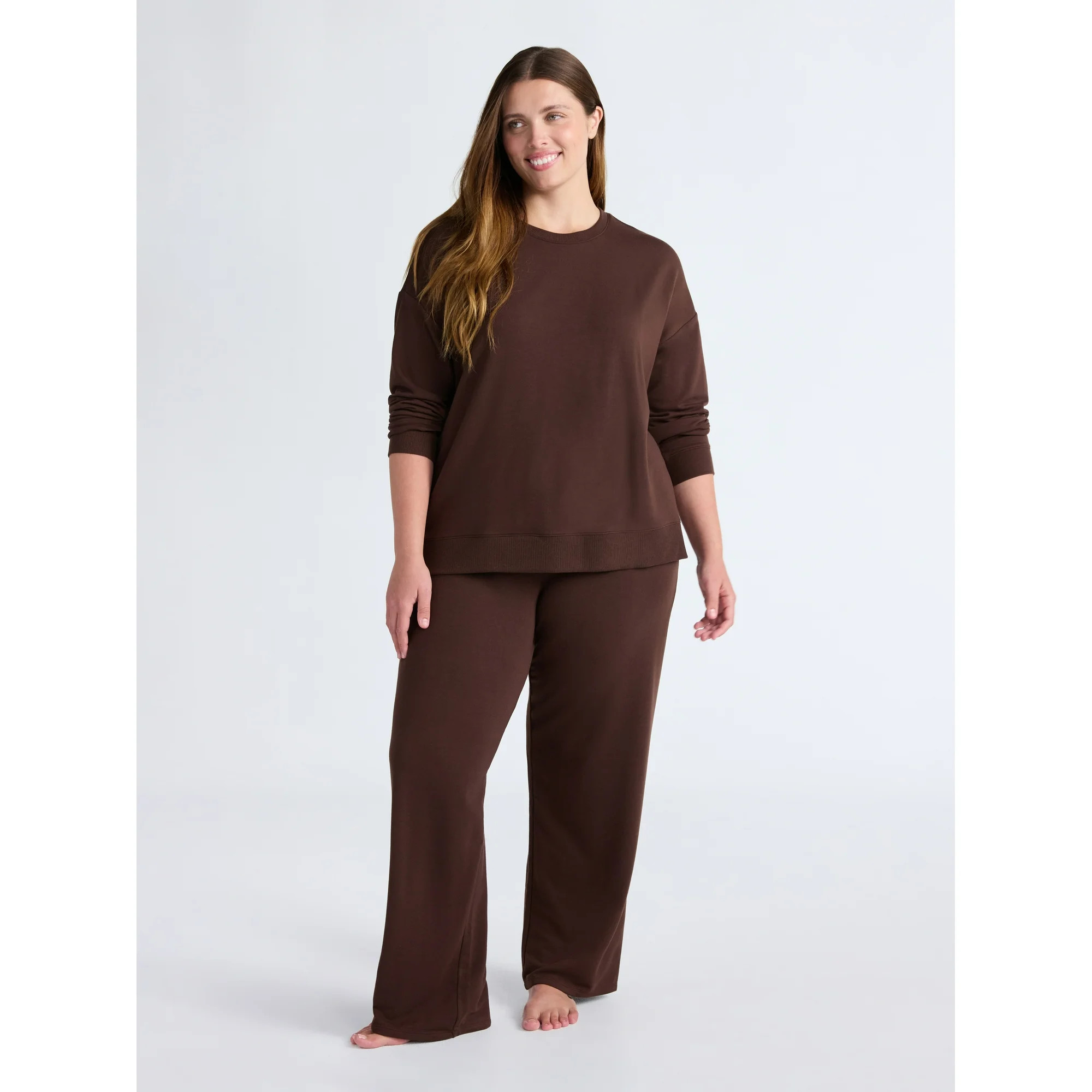 Joyspun Women's Fleece Long Sleeve Top and Straight Leg Pants Lounge Set, 2-Piece, Sizes XS-3X | Walmart (US)