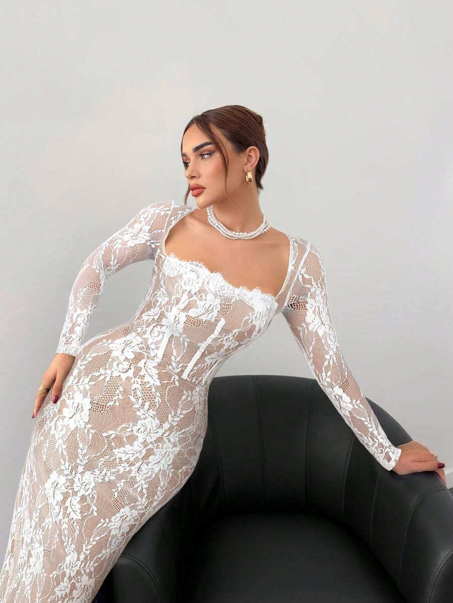 Aloruh Women's Autumn/Winter Sexy S-Shape Lace Long Sleeve Cupped Bustier Tight Fitting Floor Len... | SHEIN