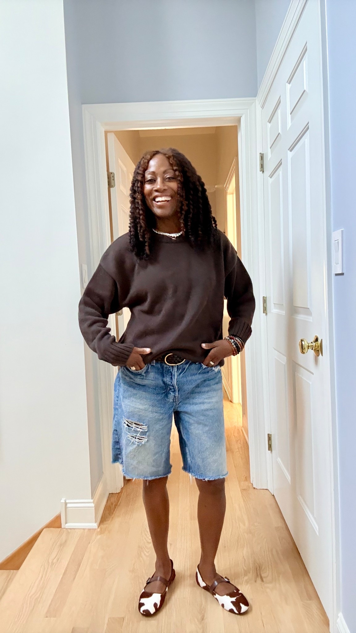 Wear your shorts into the fall! Adding this espresso brown sweater with the cow prints flats makes for a stylish fall fit!

#LTKSaleAlert #LTKFindsUnder50 #LTKStyleTip