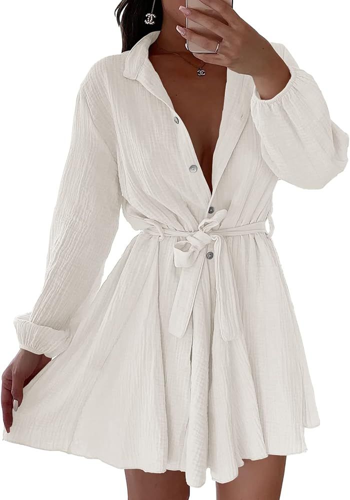 Saodimallsu Womens Long Sleeve Button Down Shirt Dress Casual Loose V Neck Flowy Swing Belted Min... | Amazon (US)