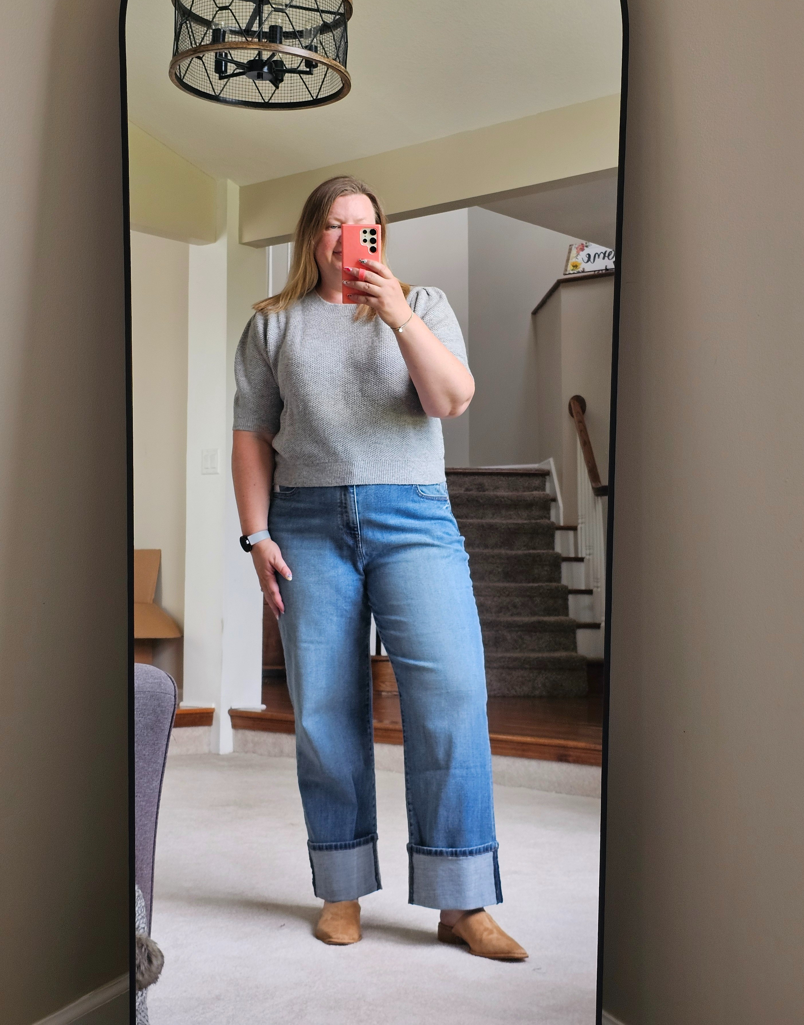 Puff sleeve sweater XXL.  It is slightly itchy of you are sensitive to that.  Cuffed denim. Size 18. Mules TTS

#LTKOver40 #LTKShoeCrush #LTKSaleAlert