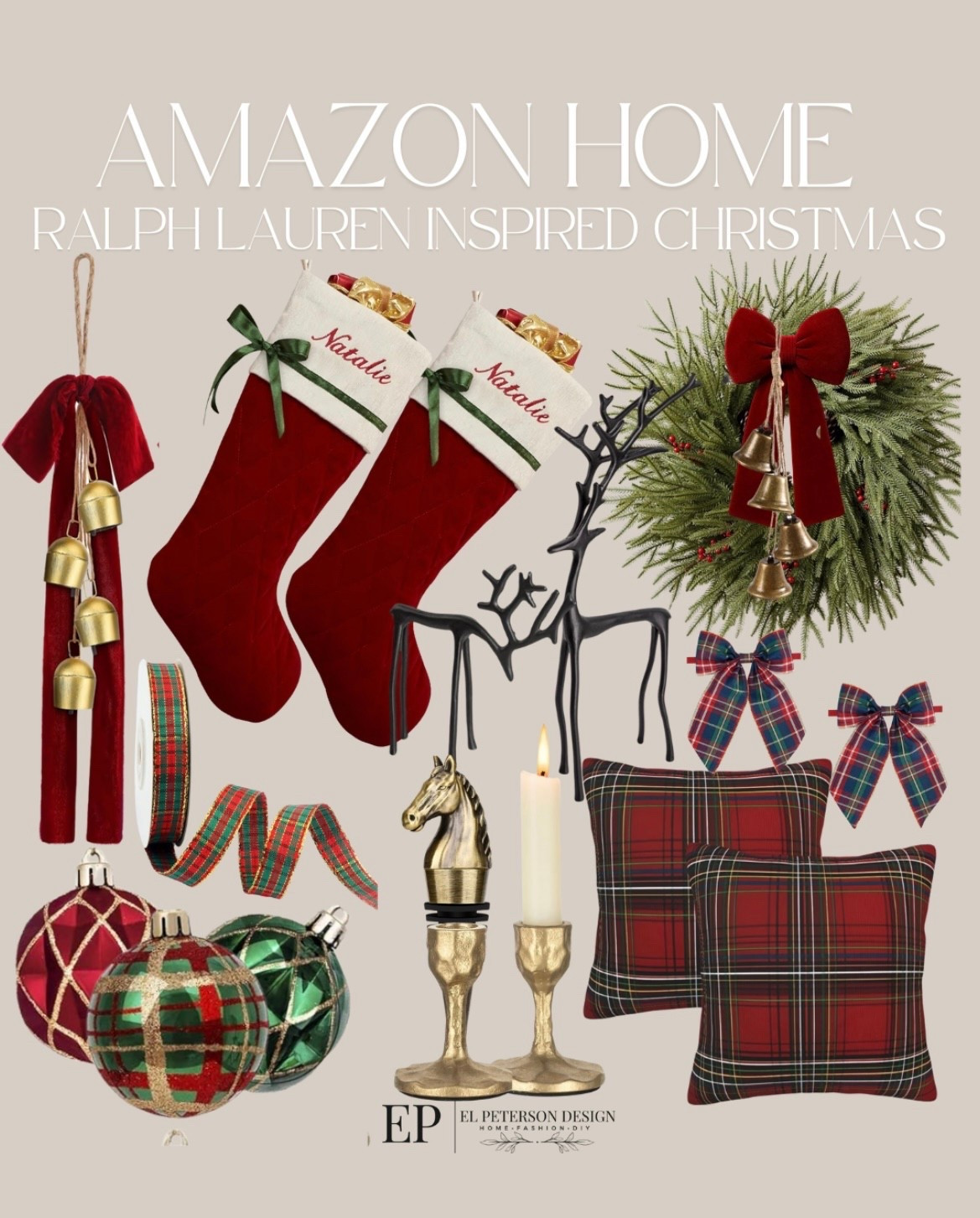 Amazon
Ralph Lauren inspired 
Stockings
Bows
Bells
Wreath
Wine topper
Throw pillows
Ornaments
Candle holder
Table top reindeer
Ribbons

#LTKHome #LTKFindsUnder100 #LTKFindsUnder50
