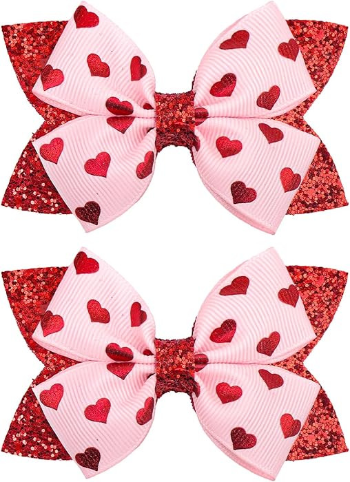 YanJie 3’’ 2Pcs Valentines Day Hair Bow Clips for Girls Pink Bows Hearts Hair Accessories for... | Amazon (US)