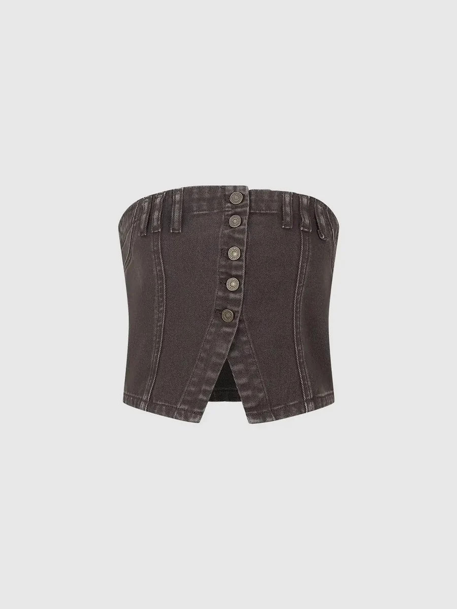 Button Up Sleeveless Cropped Denim Top | Urban Revivo