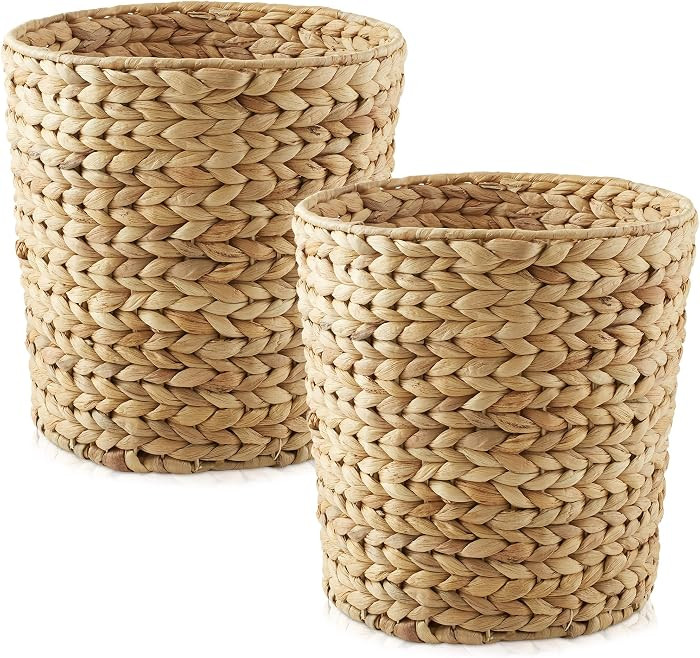 Casafield Set of 2 Water Hyacinth Waste Baskets - Natural, Round Woven Trash Can Bins for Bathroo... | Amazon (US)