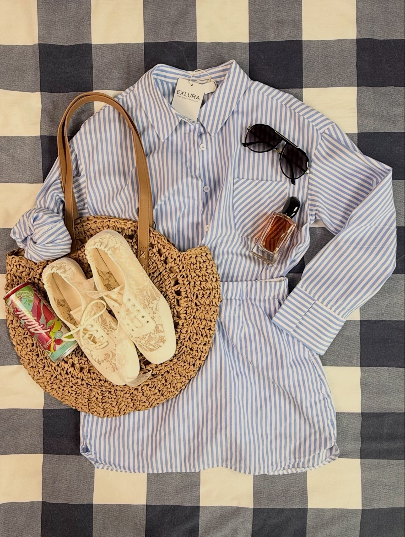 Your summer uniform just arrived and it’s giving everything 🩵✨ obsessed with this blue striped shirt dress from @Exlura — the fit is so clean and the length is chef’s kiss 👏 paired it with my round woven tote from @CIDER , lace sneakers from @VIVAIA, sunnies from @SOJOS VISION and my fav Si perfume by @Armani beauty  because why not smell amazing at the farmers market 😂☀️

#ExluraDress #StripedShirtDress #SummerOutfit #SummerDress #FlatLayFashion #LTKFinds #LTKStyleTip #AffordableFashion #AmazonFashion #ShirtDress #OutfitInspo #WovenTote #LaceSneakers #SummerStyle #SummerFashion #OOTDInspo #CasualChic #SummerWardrobe #DressStyle

#LTKSeasonal