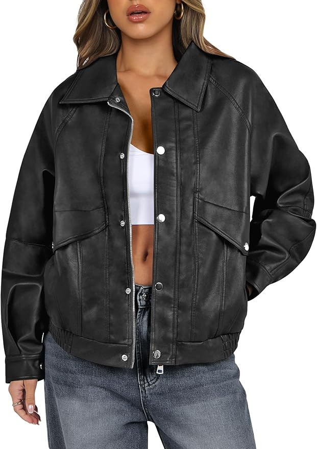 ANRABESS Women Faux Leather Jacket Long Sleeve Button Down Zip Up Motorcycle Biker Coat Fall Outf... | Amazon (US)