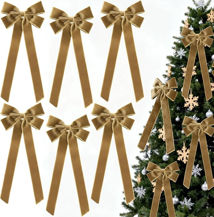 6Pcs Large Light Brown Bows Christmas Decorations, Vintage Velvet Bows for Christmas Tree Outside... | Amazon (US)