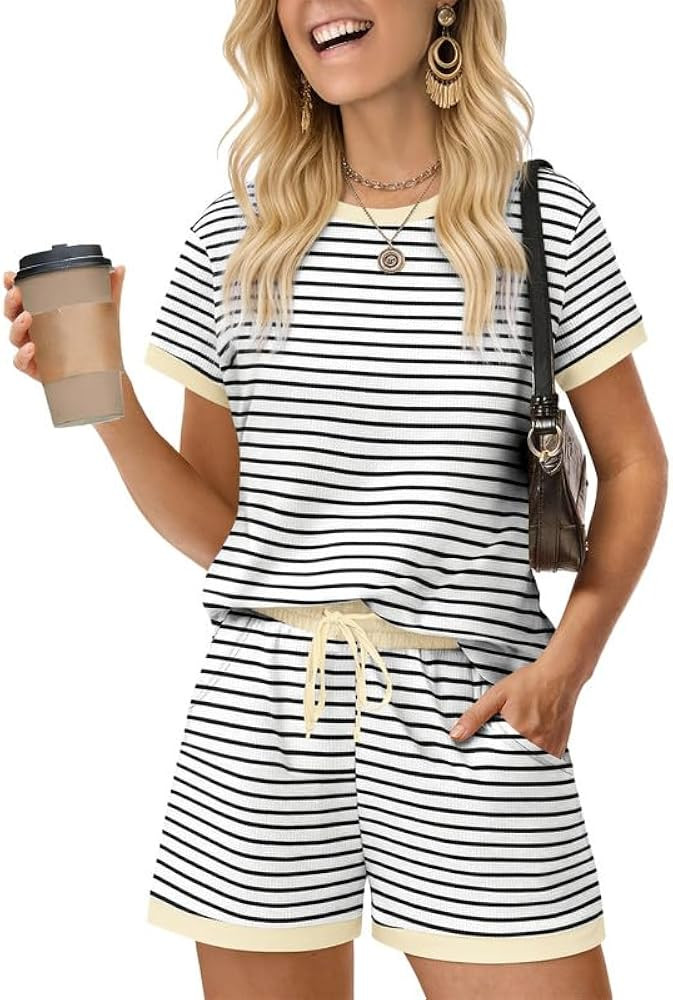 Marvmys Womens Pajamas Set 2 Piece Striped Pj Set Soft Pajamas Casual Short Sleeve Top and Shorts Sleepwear Set S-2XL | Amazon (US)