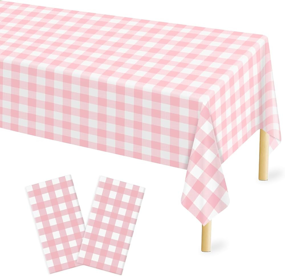 Pink Gingham Tablecloth 54 × 108 Inches Pink and White Checkered Table Cloth Disposable Plastic ... | Amazon (US)