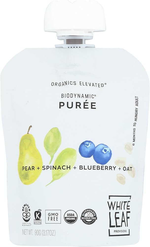 White Leaf Provisions Organic Pear Spinach Blueberry Oat Baby Food Puree, 3.17 OZ | Amazon (US)