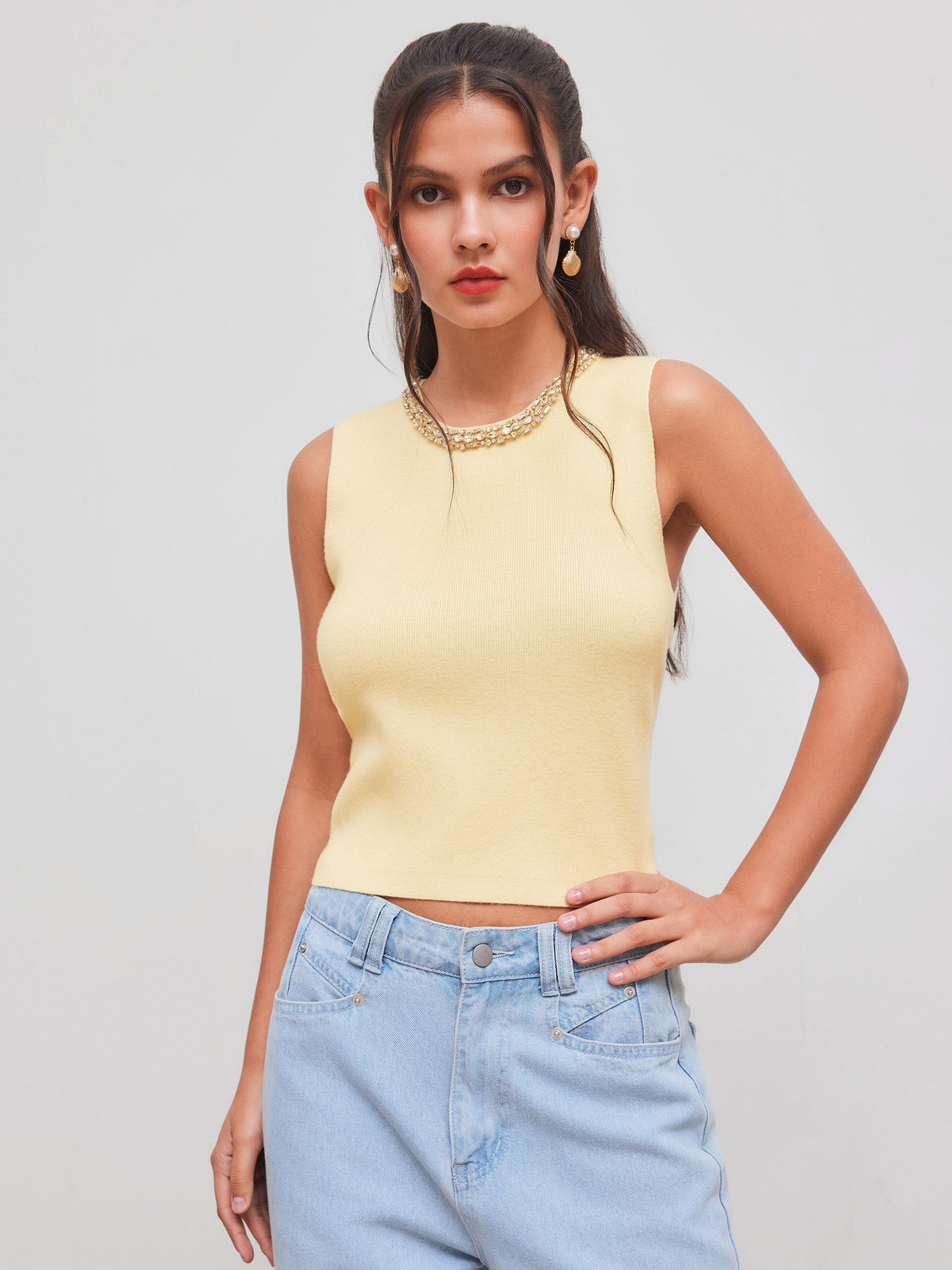 Knit Fabric Knit Round Neckline Solid Rhinestone Tank Top For Work | Cider