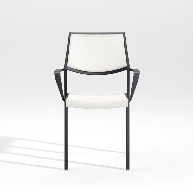 Lanai White Mesh Square Outdoor Patio Stackable Dining Chair with Arms + Reviews | Crate & Barrel | Crate & Barrel