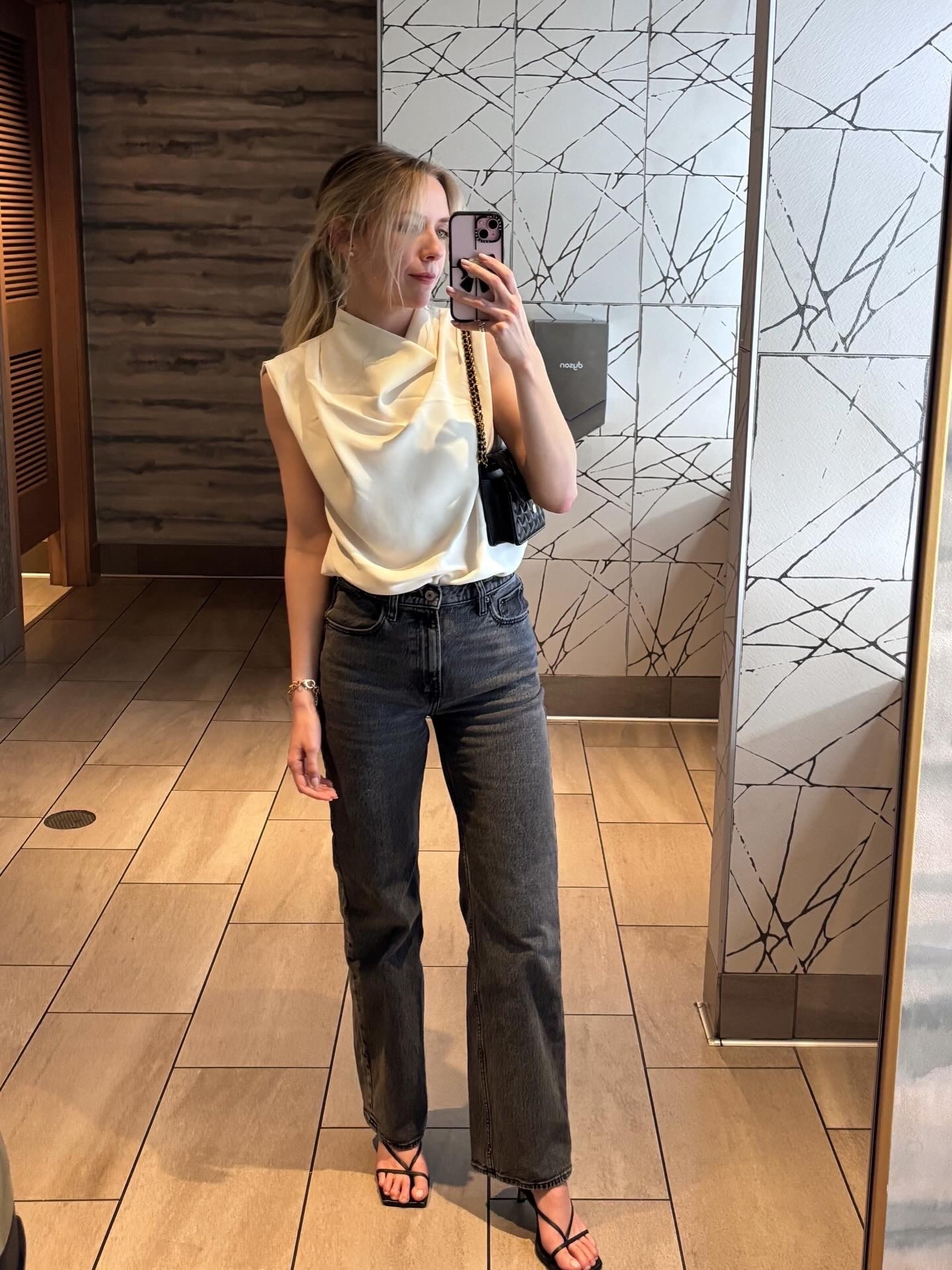 Perfect girls night or date night spring outfit 

Jeans: tts (26) 
Top: tts (small) 
Shoes: tts 