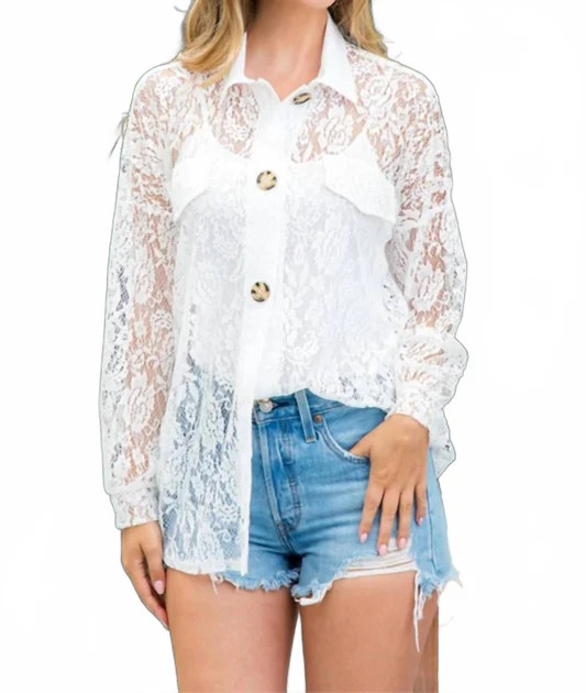 Long Sleeve Button Down Lace Top In White | Shop Simon