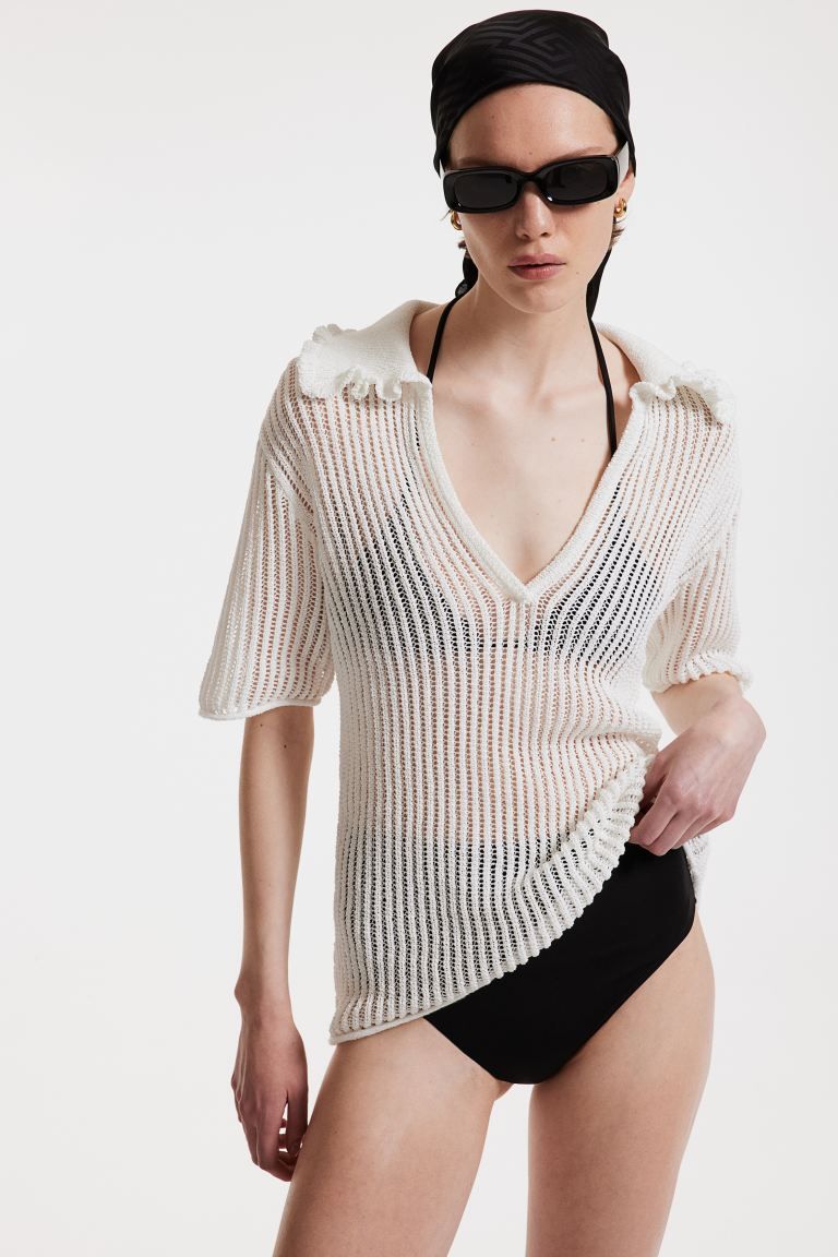 Rib-knit Top with Collar - V-neck - Short sleeve - White - Ladies | H&M US | H&M (US + CA)