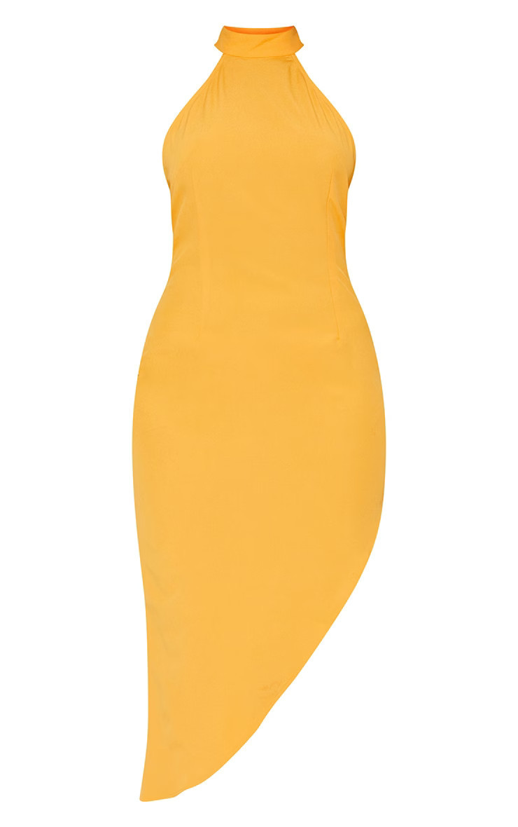 Orange High Neck Open Back Detail Asymmetric Midi Dress | PrettyLittleThing IE