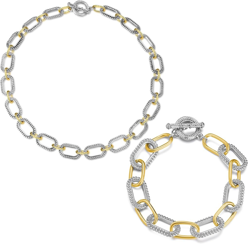 Two Tone Necklace for Women Mixed Metal Bracelet Set Statement Link Chain Gold Silver Jewelry Gif... | Amazon (US)